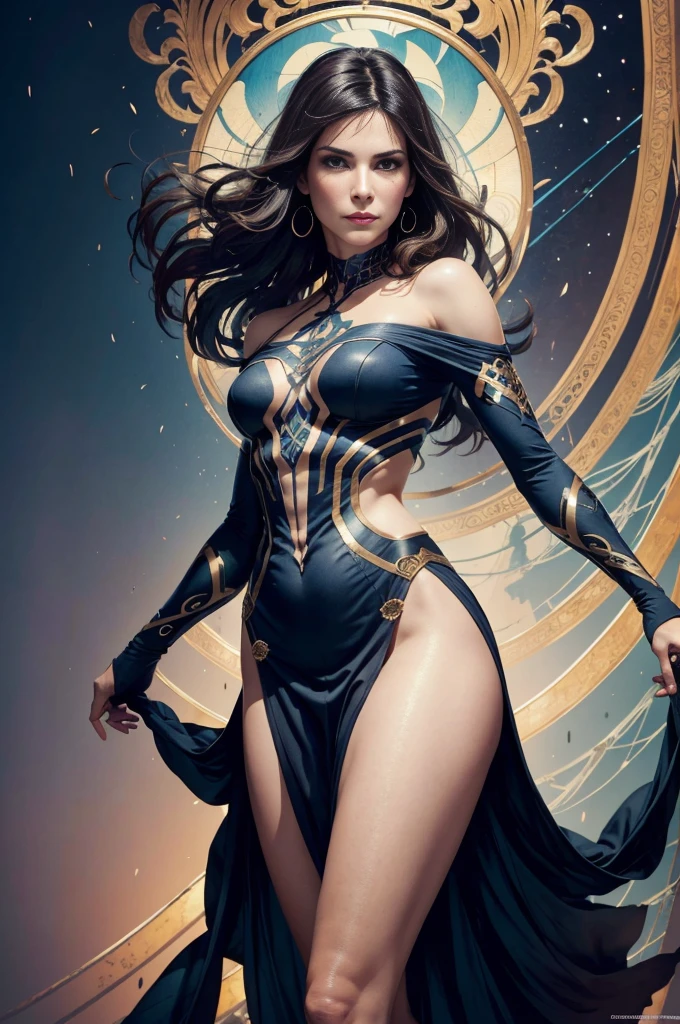 sandra bullock、Sticking out the navel、newyork、She wears a torn Spider-Man suit,wearing skirt、abstract photorealistic、artistic、Alphonse Mucha's painting(masterpiece、top-quality、hight resolution:1.4)、detaileds、intricate-detail、4K、color splashes、line-drawing、Fibonacci、