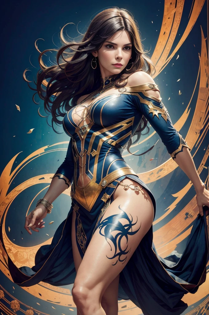 sandra bullock、Sticking out the navel、newyork、She wears a torn Spider-Man suit,wearing skirt、abstract photorealistic、artistic、Alphonse Mucha's painting(masterpiece、top-quality、hight resolution:1.4)、detaileds、intricate-detail、4K、color splashes、line-drawing、Fibonacci、