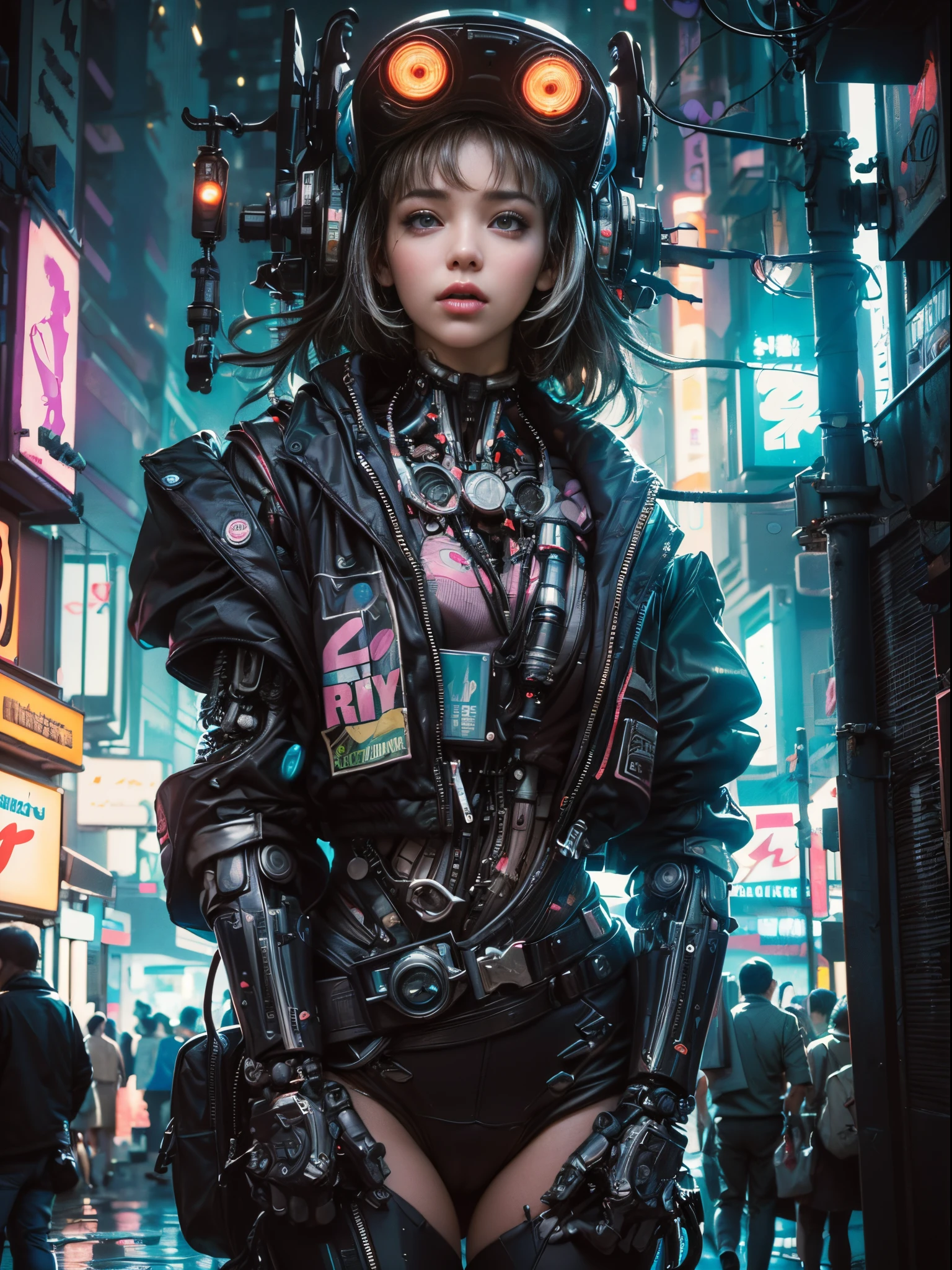 ((Masterpiece stunning Anime illustration)), ((extremely delicate and beautiful cybernetic girl)), ((highly detailed face)), ((mechanical limb, mechanical vertebrae)), ((mechanical cervical attaching to neck)), (wires and cables attaching to neck:1.2), ((mass of wires and cables on head)), ((wearing colorful Harajuku tech jacket with logo)), (dynamic pose), ((cowboy shot)), (masterpiece), (((best quality))), ((ultra-detailed)), (highly detailed photorealistic CG illustration), cinematic lighting, science fiction, extremely detailed,colorful,highest detail, (((cyberpunk city background, (Blade Runner), Harajuku district))), NSFW