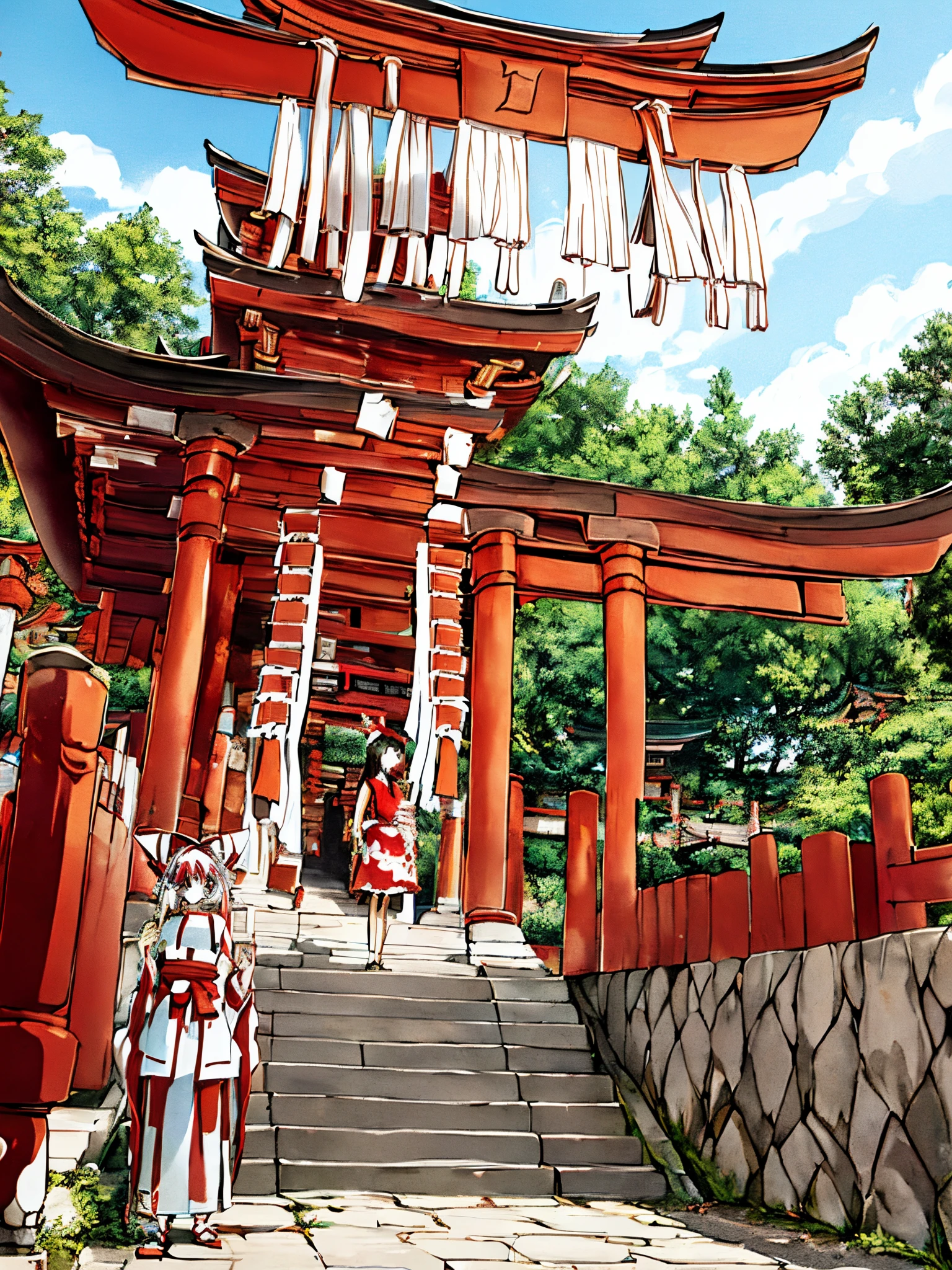 Next to the torii gate of the temple,There stood a witch wearing red and white trousers,Her name Reimu Hakurehe's a human miko from Gensokyo.,