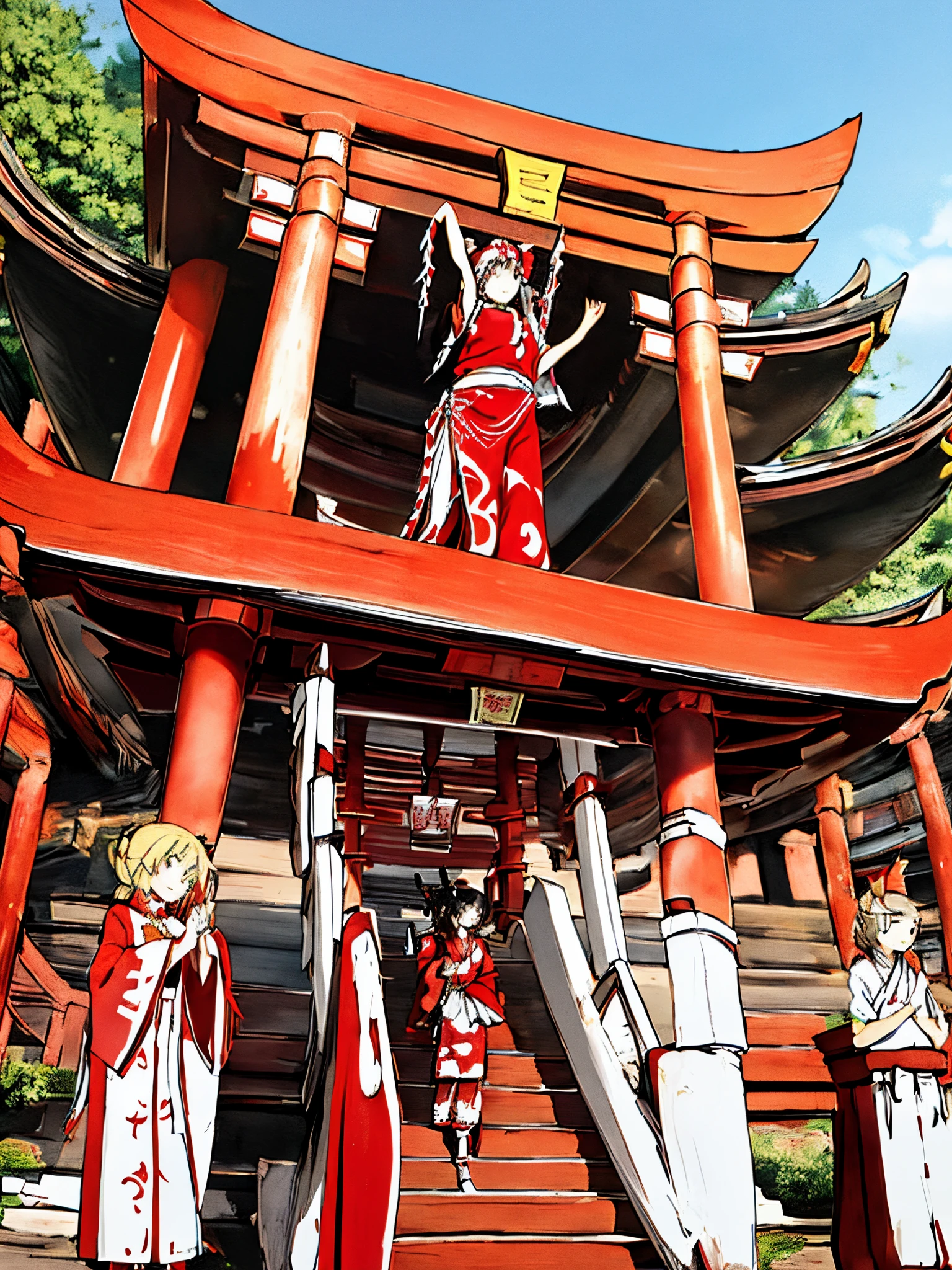 Next to the torii gate of the temple，There stood a witch wearing red and white trousers，Her name  Reimu Hakurehe&#39;s a human miko from Gensokyo.，