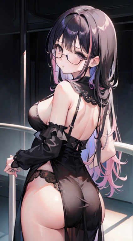 A young girl wearing only sexy black lace lingerie, glasses, long pink straight hair, pregnant figure, E-cup, back to the audience, hands ruffled her long hair, back without any cover, showing her hips to the audience, bubble butt