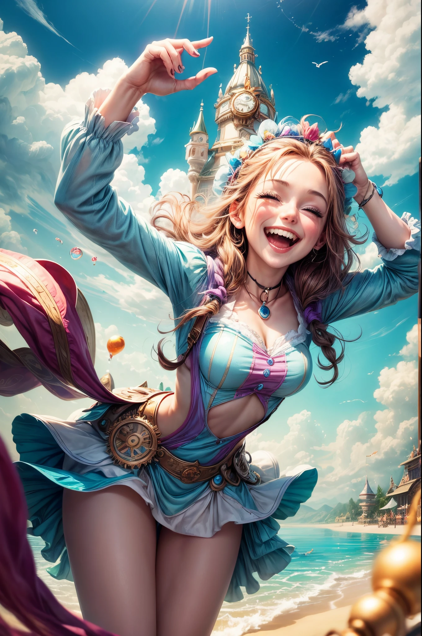 "((Innocent)) laughter, playful escapade, clockwork wonderland, joyous moments frozen in time, ((effervescent clouds)), liquid laughter, vibrant colors, whimsical tales