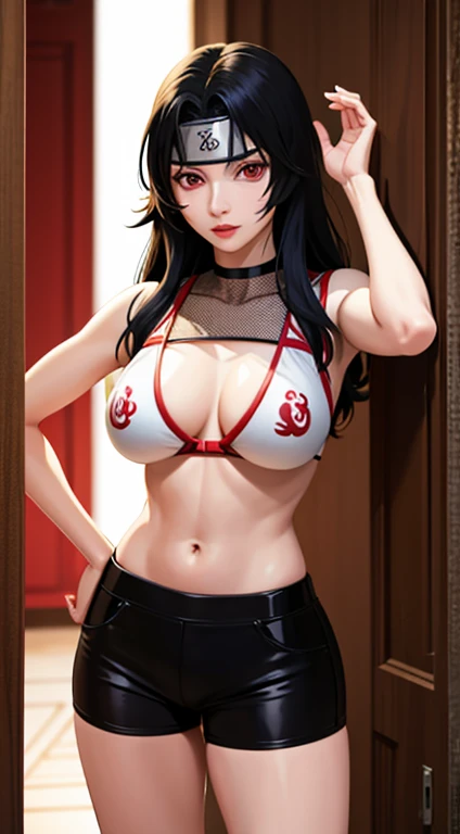 Nar_Kurenai_Yuhi,garota madura, Forehead Protection,bandagens, Athletic body, corpo inteiro,olhos vermelhos,Wariza,shorts latex,clivagem,peito enormes, provocative , empinando a bunda e os peitos