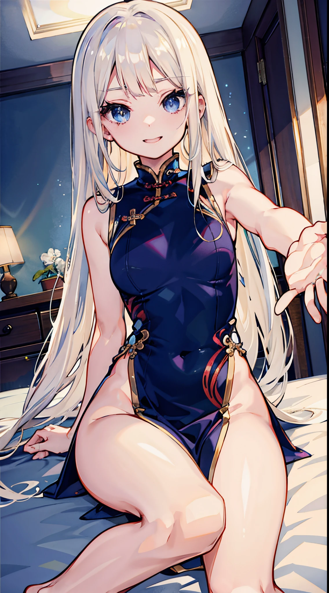 top-quality、realistic touch,high-detail、photoRealstic、long body、thin-waist、captive beauty、big eye、Strong platinum blonde eyelashes、platinum-blond、full body Esbian、Sparkling eyes、Submissive smile、Flushed cheeks、Kamimei、thin-waist、Voluptuous thighs、Enraptured look、Raked bangs、The forehead is protruding、Tight chinese dress、sleeveless、Inside a room、She isn't not wearing 、wide slit in clothing、14 yeareduce me with a sexy pose