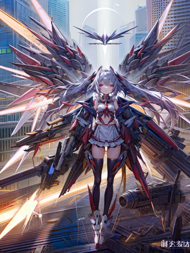 top-quality、ighly detailed、masterpiece、ultra-detailliert、illustratio、((1girl in))、silber hair、length hair、Floating hair、、Cyber City、Neon building、(The upper part of the body:1.05)、extremely_Detailed_Eyes_And_Face,cybernetic wings mechanical wings、Random posture、Skyscraper、、Mechumusume、shrine maiden clothe,maid clothes、Random angles、anime styled,cowboy shot