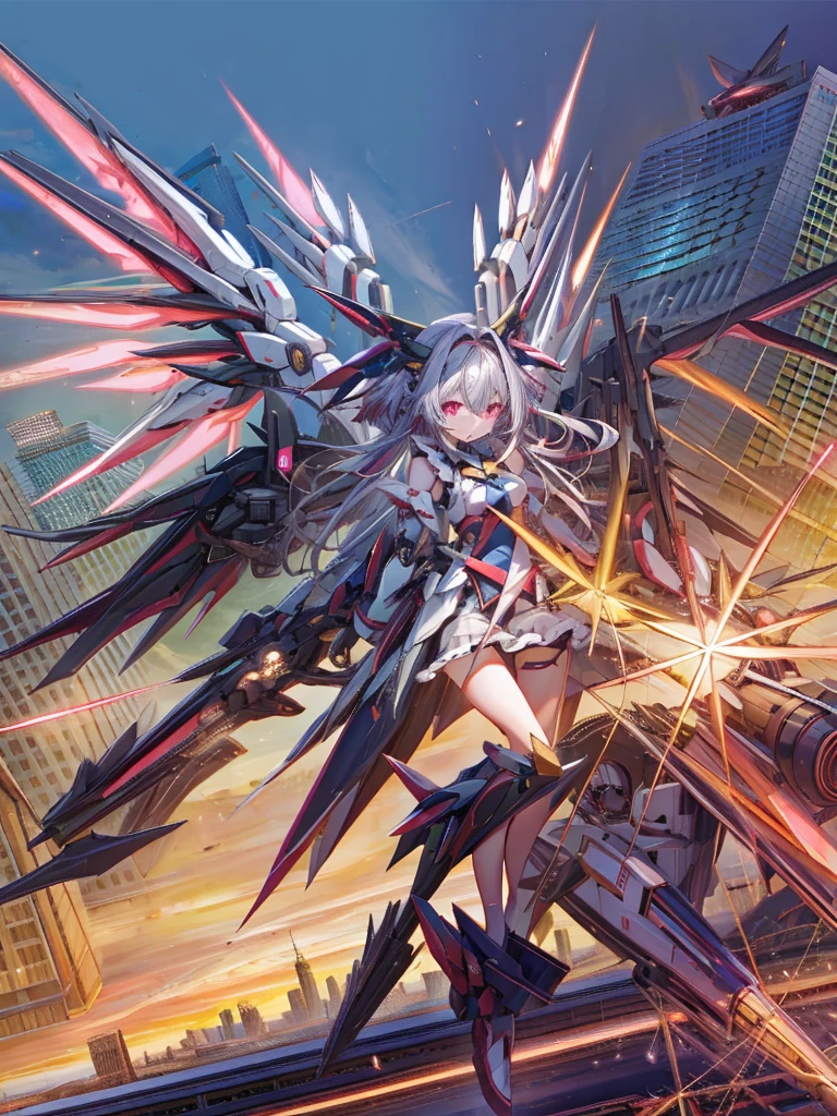 top-quality、ighly detailed、masterpiece、ultra-detailliert、illustratio、((1girl in))、silber hair、length hair、Floating hair、、Cyber City、Neon building、(The upper part of the body:1.05)、extremely_Detailed_Eyes_And_Face,cybernetic wings mechanical wings、Random posture、Skyscraper、、Mechumusume、shrine maiden clothe,maid clothes、Random angles、anime styled,cowboy shot