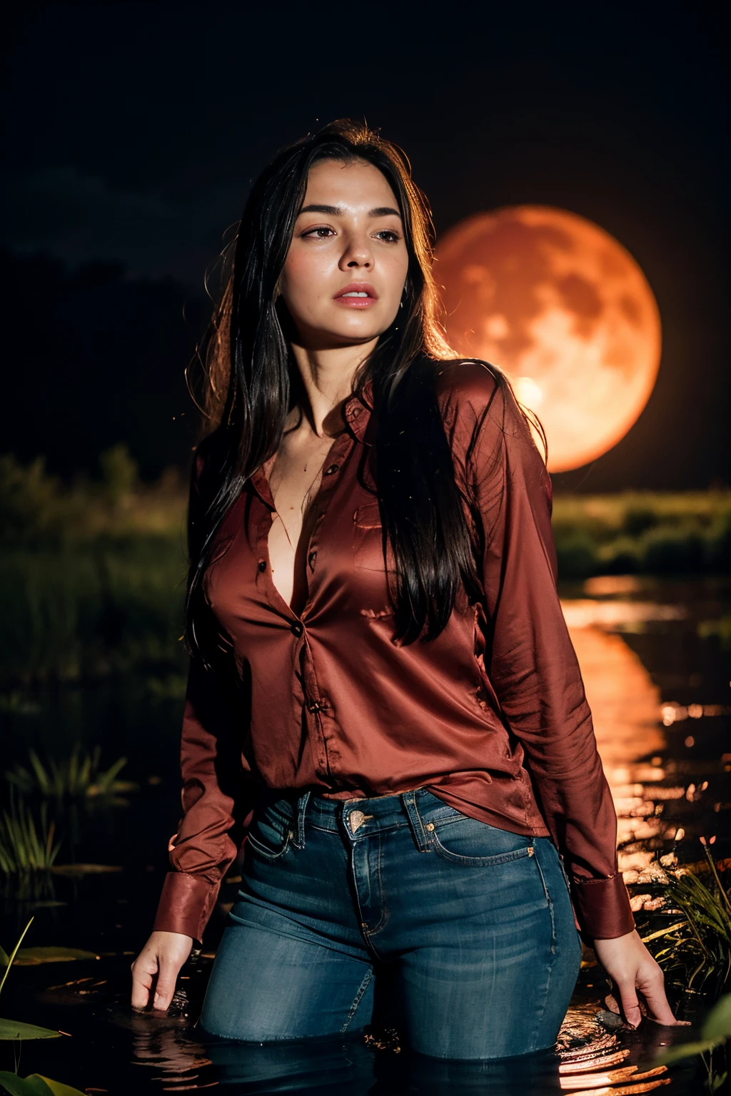 The woman, (drowning in a swamp:1.2), standingn, Meanders, In jeans and blouse. Very sweaty face, strong blush, ecstasy, burning with shame, humiliation. Black Night Sky, Clouds, Red Moon, woods