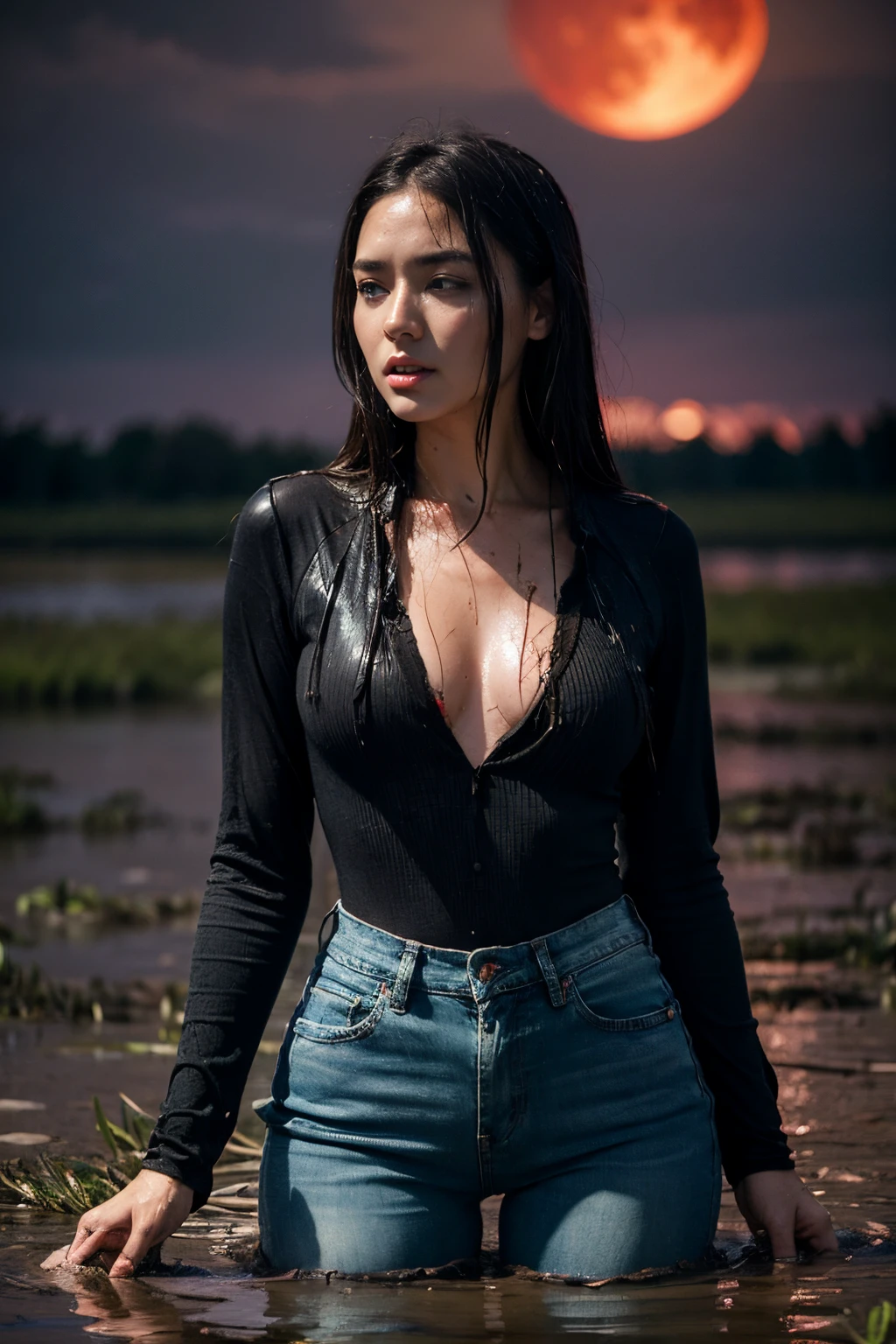 The woman, Tormented by lust, (drowning in a swamp:1.2), The clothes are soaked in swamp mud, standingn, wearing jeans. Very sweaty face, strong blush. lust, burning with shame, hopelessness, humiliation. Black Night Sky, Clouds, Red Moon, woods
