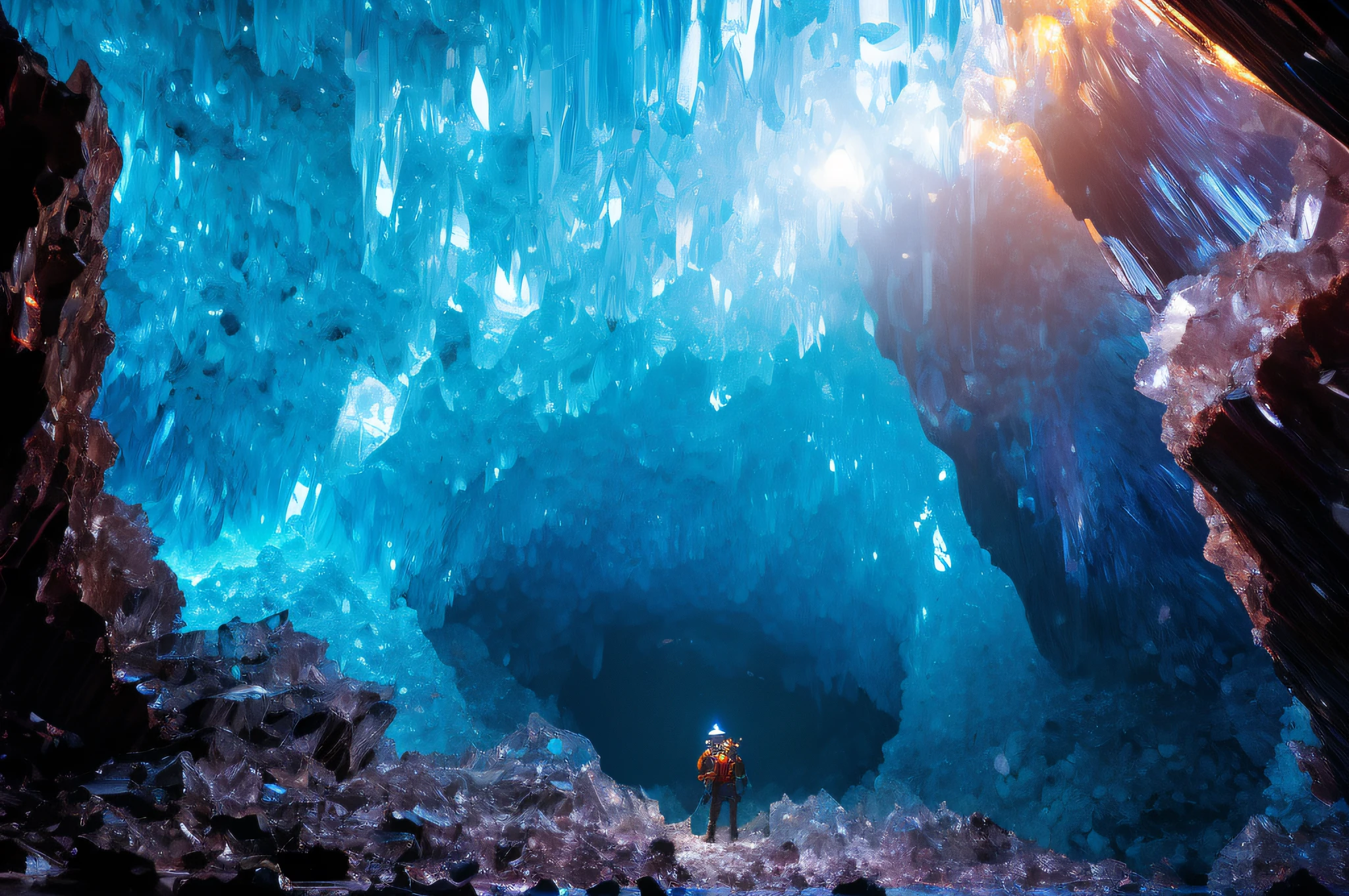 a speologist inspecting an impressive crystal cave, (best quality,4k,8k,highres,masterpiece:1.2), ultra-detailed, (realistic,photorealistic,photo-realistic:1.37), HDR, UHD, studio lighting, extreme detail description, professional, vivid colors, bokeh, intricate crystalline formation, ethereal atmosphere, magnificent stalactites and stalagmites, shimmering quartz crystals, reflective pools of water, otherworldly luminescence, spelunker's equipment, protective helmet with a headlamp, sturdy boots and gloves, exploration of hidden chambers, sense of awe and wonder, delicate mineral formations, mysterious depths, caving ropes and harnesses, narrow passages and vaulted chambers, geological exploration, shafts of light penetrating through cracks, geological research, scientific study, adventurous spirit, sublime beauty, breathtaking natural wonder, pristine underground ecosystem, immersive experience