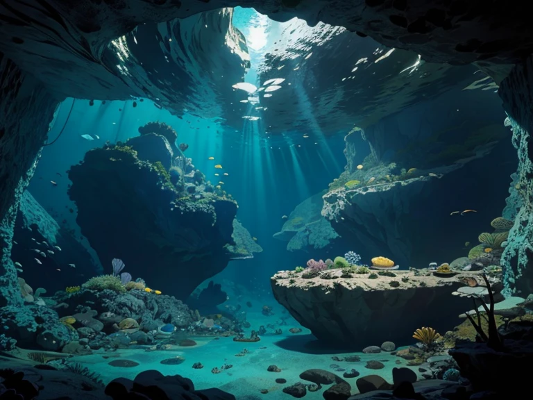 Underwater scenery, wide angle view, ((silhouette)), deep blue mood, very deep water, cave diving, (((view from sea bottom, miles far away from water surface))), looking upward, hazy back lighting)), fleet of fishes 🐟🐟🐟🐟🐟🐟🐟🐟, many rare sea creatures, prehistoric sea creature, sea cliffs, epic acrylic painting