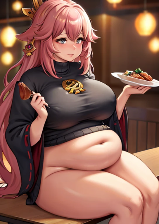 very fat, large stomach, chubby (best quality, masterpiece), thanksgiving, wearing sweater, grabbing belly, sitting down, table with of food, table tons of food, lots of food, holding belly, table with food, sitting, wearing sweater, Yea Miko, light pink hair