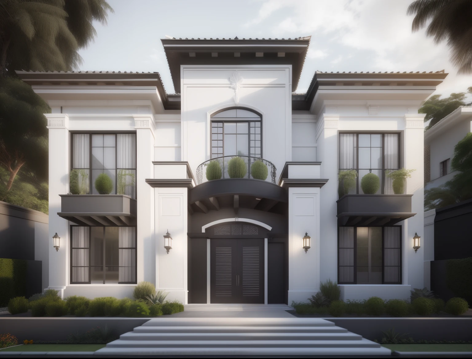 casa arafada branca e preta com varanda e sacada, design exterior, neo - classical style, neotradicional moderno, all white render, neoclassical style, high-quality render, exterior grande angular 2022, neoclassical, neo - classical, lumion rendering, professional render, render to resolute perfection, luxcore render, high-quality render