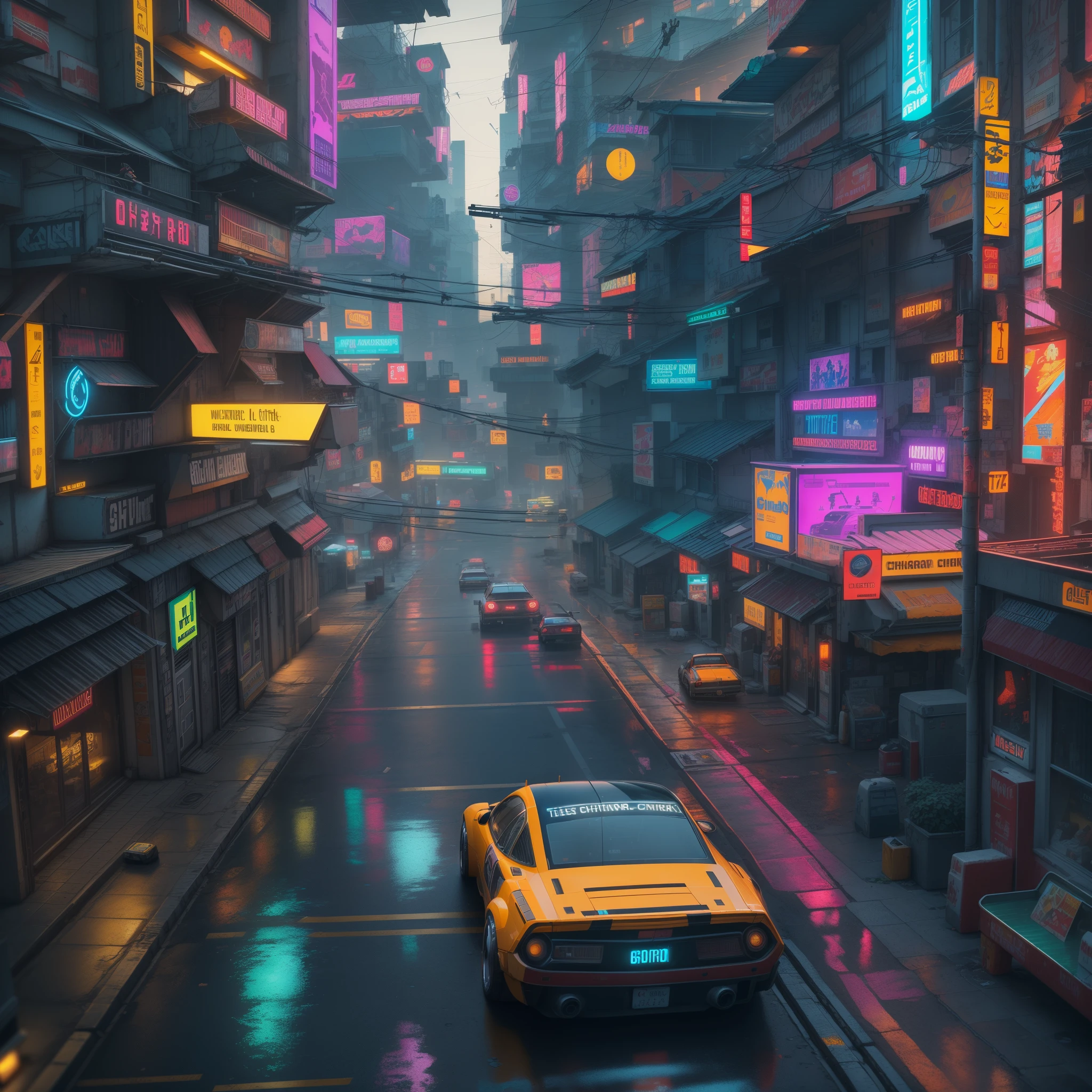 (Tilt-Shift:1.4), cyberpunk 2077 (extremely colorful, Best quality, high detailed, Masterpiece, Cinematic Lighting, 4K, Chiaroscuro)