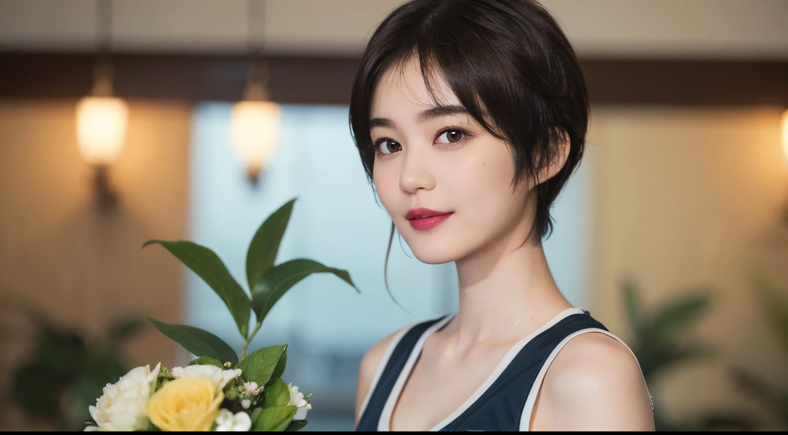 130
(a 20 yo woman,Wearing sportswear), (A hyper-realistic), (high-level image quality), ((beautiful hairstyle 46)), ((short-hair:1.46)), (Gentle smile), (breasted:1.1), (lipsticks), (Large room), (florals), (Painterly)