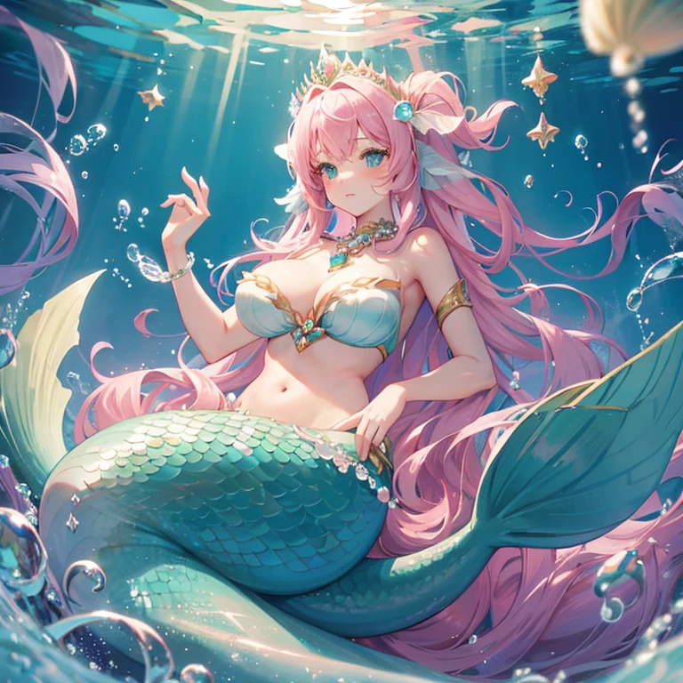 femele,Light pink hair,Longhaire,mermaid,Green scales,Colossal tits,Little Mermaid,Seashell Bra,Princess tiara,Pearl decoration,jewel decorations,Undersea background,under the water,Aori