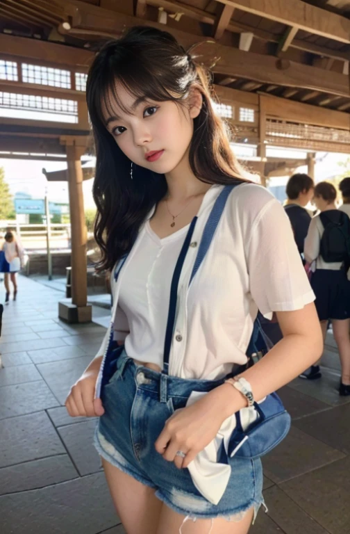 pantyjob, panties on penis, 1boy, 1girl、Thin-faced Japanese 美しいgirl、Camisole and denim-skirt、
