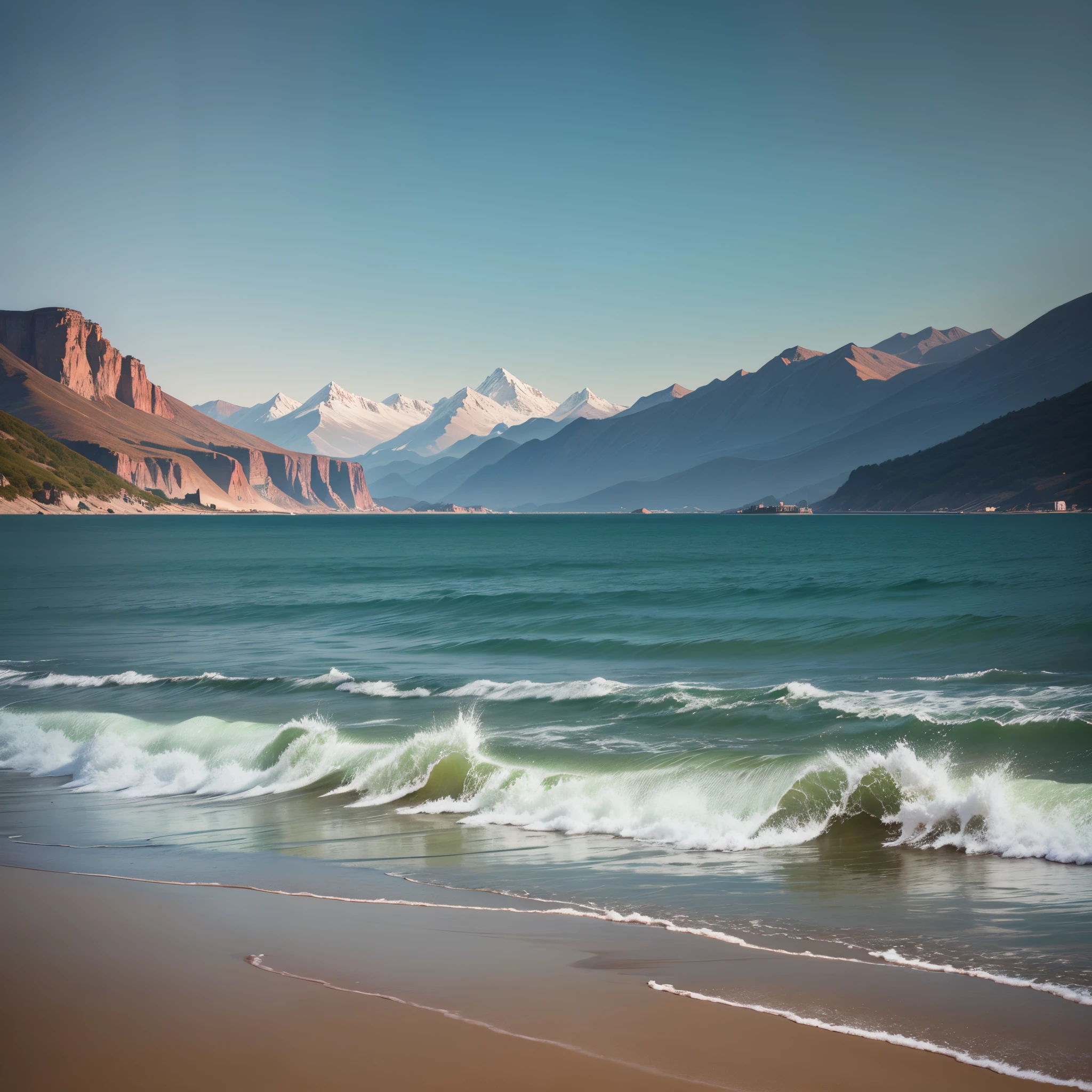 Image of a tranquil coastline with mountain views. Clear sunny day with blue sky without clouds. The sea, smoothly washing the shore, as well as waves, whispering their stories. High Mountains, Their peaks, touching clear skies. Convey the beauty of nature&#39;s harmony through studio photography. Canon 5D for creating RAW images with VR support and ProPhoto RGB resolution. Global brightness with ray tracing, similar to Aivazovsky&#39;s style. The camera to take the image must be a Sony Alpha ILCE-7M4 --auto --s2