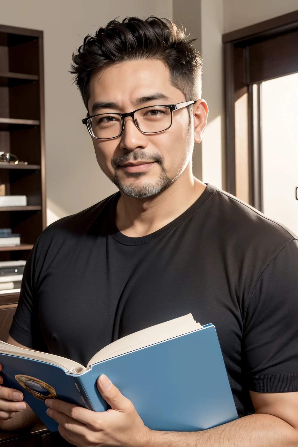 1man, asian, middle-aged, light-bearded, light-brown skin, short black hair, dark brown eyes, casual attire, wears reading glasses, high res, ultrasharp, 8k, masterpiece, looking at viewer,