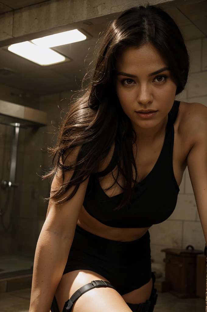 realistic image of beautiful girl, wearing lara croft outfit, playing laser guns, realistic photography, perfect figure, photorealistic, long black hairs, photorealistic, skin tone