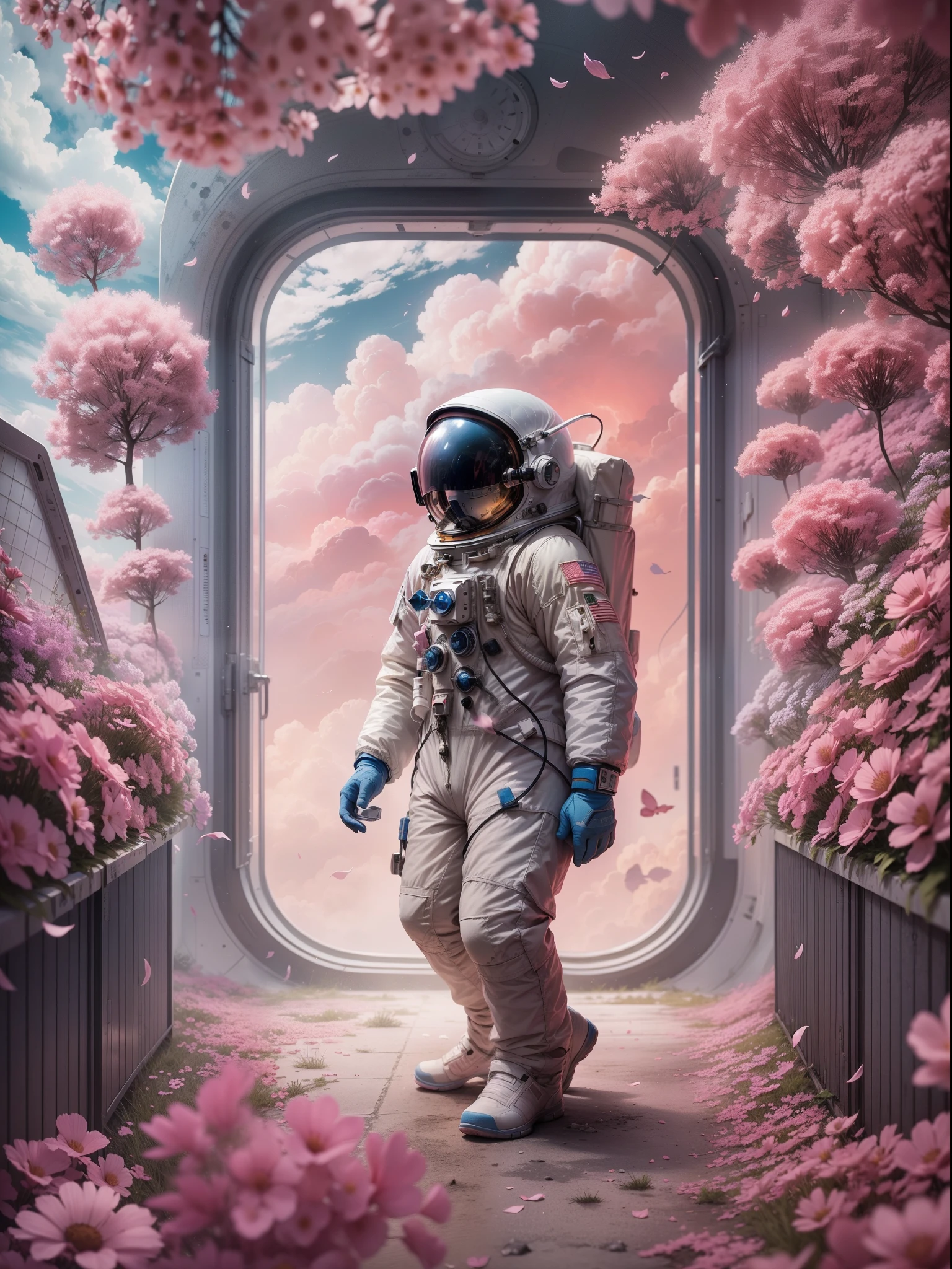 he astronaut walks in the sea of flowers dotted with pink clouds,The astronaut who is alone,The astronaut cannot leave this planet,The astronaut is lost in the boundless space.