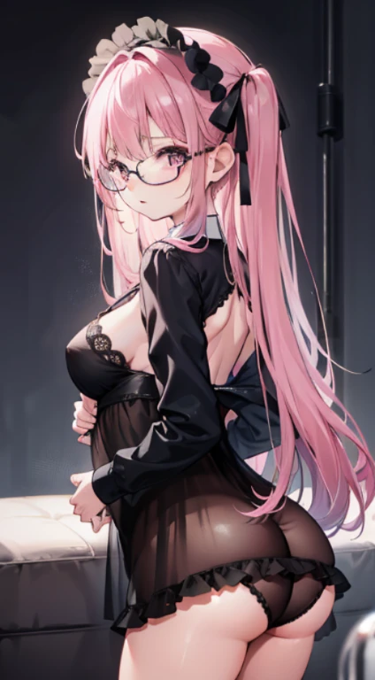 A young girl wearing only sexy black lace lingerie, glasses, long pink straight hair, pregnant figure, E-cup, back to the audience, hands ruffled her long hair, back without any cover, showing her hips to the audience, bubble butt