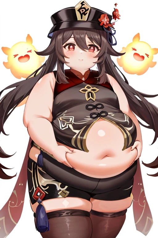 masterpiece, best quality,
obese 1girl, obese hu tao (genshin impact), boo tao,hat, red eyes, obese body, obese arms, obese belly, thick thighs, small chest, big cheeks, twintails, brown hair, solo, symbol-shaped pupils, long hair,bangs, black shorts , chinese clothes,