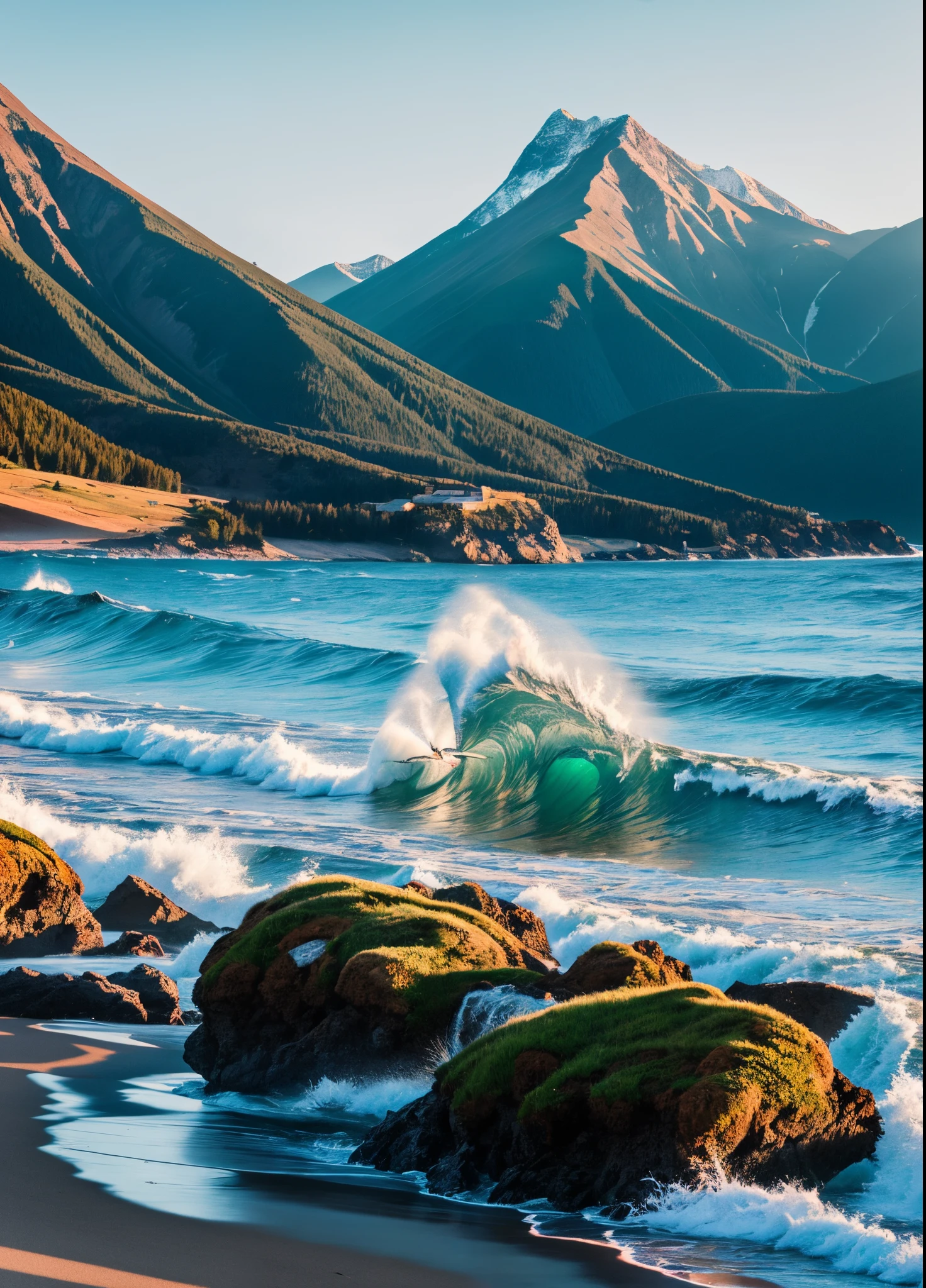 Image of a calm coastline with a view of the mountains. A clear sunny day with a blue sky without clouds. The sea gently lapping the shore and the waves whispering their stories. High mountains, their peaks touching the clear sky. To convey the beauty of nature's harmony through studio photography. Canon 5D to create a RAW image with VR support and ProPhoto RGB resolution. Global brightness with ray tracing, similar to Aivazovsky's style. The camera to create the image must be a Sony Alpha ILCE-7M4 --auto --s2