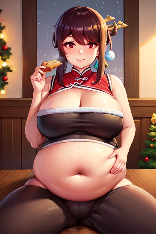 Fat, chubby, large belly, pregnant, obese, very fat, beidou, big belly, very fat, large stomach, chubby (best quality, masterpiece), thanksgiving, wearing sweater, grabbing belly, sitting down, table with of food, table tons of food, lots of food, holding belly, table with food, sitting, wearing sweater, Christmas, Holiday, Christmas cookie, beidou from genshin impact