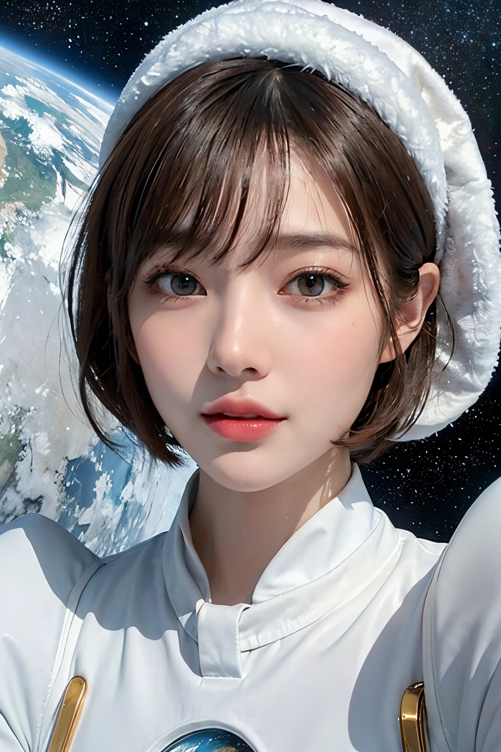 top-quality、masterpiece、超A high resolution、(realisitic:1.4)、Beautuful Women1、Beautiful detail eyes and skin、ssmile、Light brown short-cut hair、The perfect spacesuit、spaceships、cosmic space、iced&Snow Planet、blue-sky、Santa Hat、