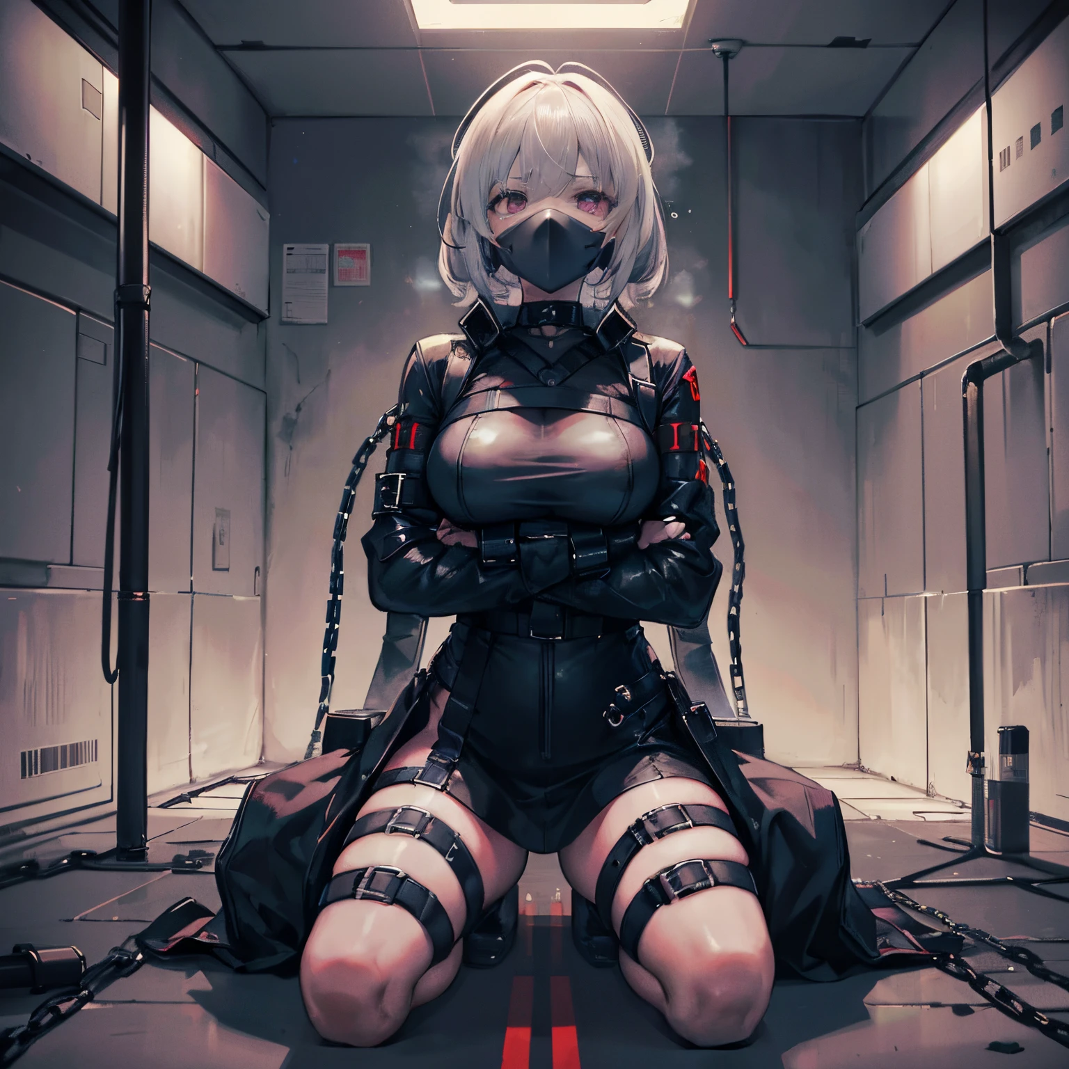 hightquality,Realistic,cyberpunked,Realistic, prison, (Futuristic, severe), woman wearing a straitjacket（30-years old）, white rough hair,Full body restraint,lap belt,cangue,eye mask,a choker,respirator,gas masks,gag,Cuffed, woman behind the bar, Eyes moistened with tears,Purple Mesh,   Black Strait Jacket(A futuristic, Restraint belts here and there,Thick fabric,arms bound,fetters), Confined,Red face, prison( The dim, chains, Woman in the center of the room).