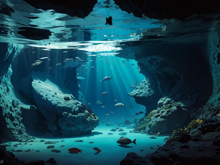 Underwater scenery, wide angle view, ((silhouette)), deep blue mood, very deep water, cave diving, (((view from sea bottom, miles far away from water surface))), looking upward, hazy back lighting)), fleet of fishes 🐟🐟🐟🐟🐟🐟🐟🐟, many rare sea creatures, prehistoric sea creature, sea cliffs, epic acrylic painting