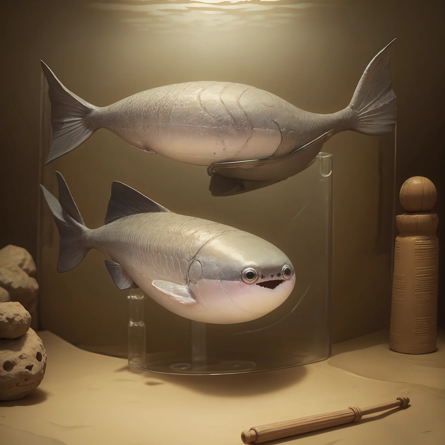 ancient fish,not human,cute,chibi character,solo, under the sea,best quality, masterpiece
