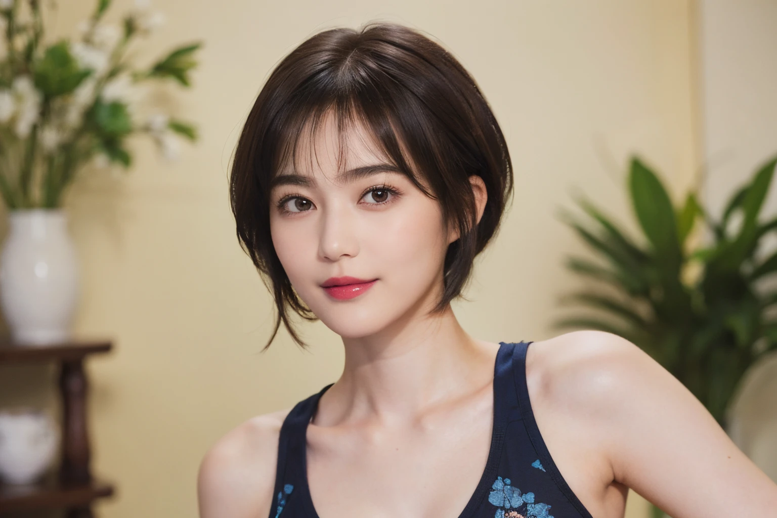 130
(a 20 yo woman,Wearing sportswear), (A hyper-realistic), (high-level image quality), ((beautiful hairstyle 46)), ((short-hair:1.46)), (Gentle smile), (breasted:1.1), (lipsticks), (Large room), (florals), (Painterly)