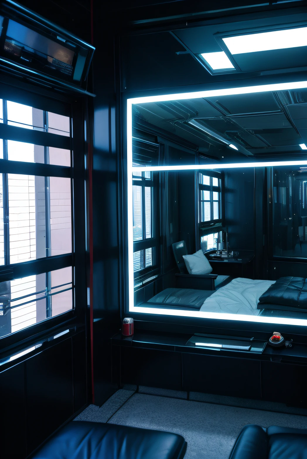 Cyberpunk room,big windows,mirror