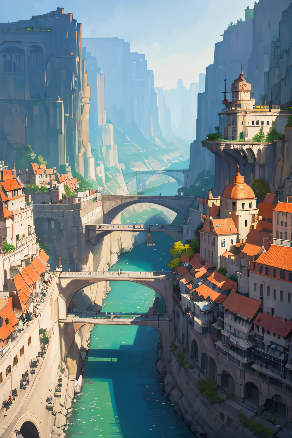 ((tmasterpiece)),((Best quality)),((high detal)),((actual,)) The cities of the future, There a deep canyon in the middle, architectural streets, bazaars, Bridges, cyber punk personage, European-style architecture,watercourse,river from top to bottom,Curved river