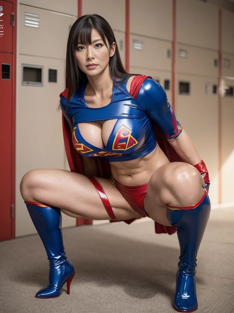 A Japanese Lady,masutepiece, High quality, UHD 32K,Live-action adaptation,Muscular realistic face, Locker Room,Colossal tits,Realistic skin feeling ,58 years old,1 Lady,Huge breasts,Supergirl Costumes,Race Queen, For Competition, Japan Representative,viewer,Solo,Wearing latex,Squat