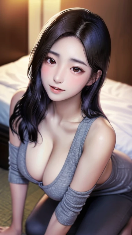 a close up of a woman with long hair wearing a gray shirt, 19-year-old girl, korean girl, gorgeous young korean woman, xintong chen, young cute wan asian face, 18 years old, beautiful south korean woman, chinese girl, 1 , 1 8 yo, beautiful young korean woman, ulzzang, wenfei ye, super big breast, (W cup),nipple looked,body wet,open door room