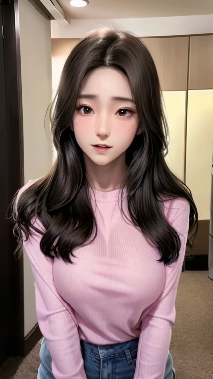 a close up of a woman with long hair wearing a gray shirt, 19-year-old girl, korean girl, gorgeous young korean woman, xintong chen, young cute wan asian face, 18 years old, beautiful south korean woman, chinese girl, 1 , 1 8 yo, beautiful young korean woman, ulzzang, wenfei ye, super big breast, (W cup),nipple looked,body wet,open door room