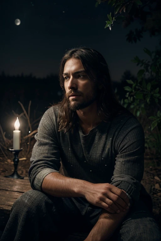 (best quality,ultra-detailed,realistic),jesus resting,next to a tree,dark night,detailed clothing,moonlight,calm expression,worn clothes,peaceful atmosphere,sky full of stars,heightened senses,deep shadows,faint bonfire .