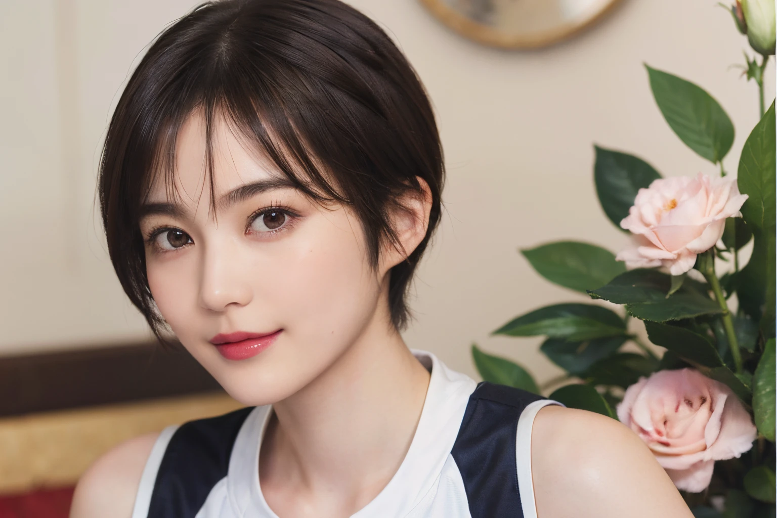 130
(a 20 yo woman,Wearing sportswear), (A hyper-realistic), (high-level image quality), ((beautiful hairstyle 46)), ((short-hair:1.46)), (Gentle smile), (breasted:1.1), (lipsticks), (Large room), (florals), (Painterly)