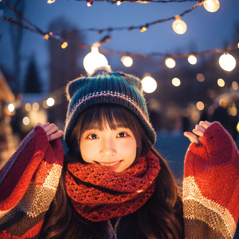 An ultra-high picture quality、Perfect Photo、japanes、japanese beauty girl、13years、((((center))))、Winter clothes、Christmas Lights、lawn、straight haired、Knitted hats、Open your mouth a little、I am happy、look up sky、