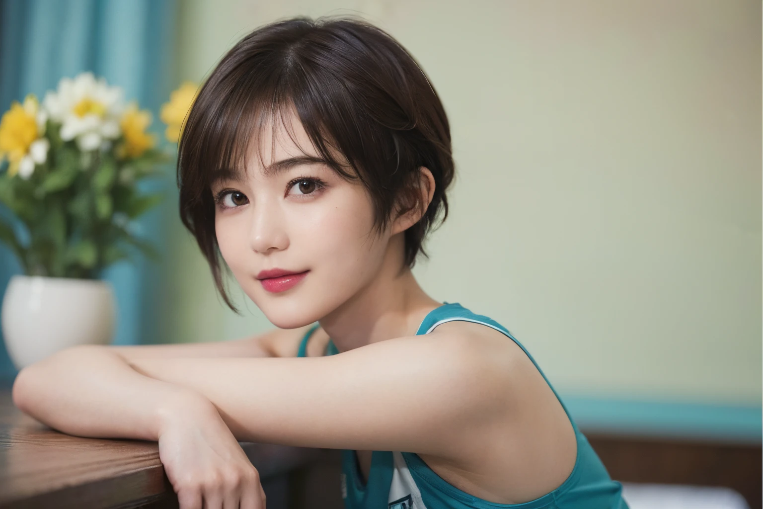 130
(a 20 yo woman,Wearing sportswear), (A hyper-realistic), (high-level image quality), ((beautiful hairstyle 46)), ((short-hair:1.46)), (Gentle smile), (breasted:1.1), (lipsticks), (Large room), (florals), (Painterly)