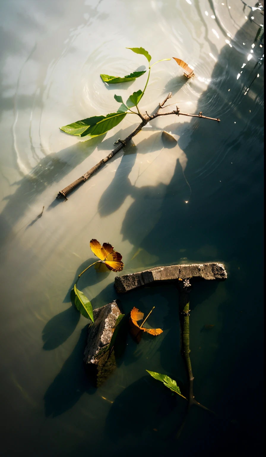 (Ancient Chinese architectural gardens on the island,Garden floating island,waterface,the detail),Miscellaneous trees,(cloud)(ancient buildings of China),((jetty))(Masterpieces of the highest quality),vessels, stones on water,Weeds by the lake,inverted image,Sparkling,Ink tree cloud mixed painting,Observe the island from the water,strong lights,lightand shade contrast,Front view