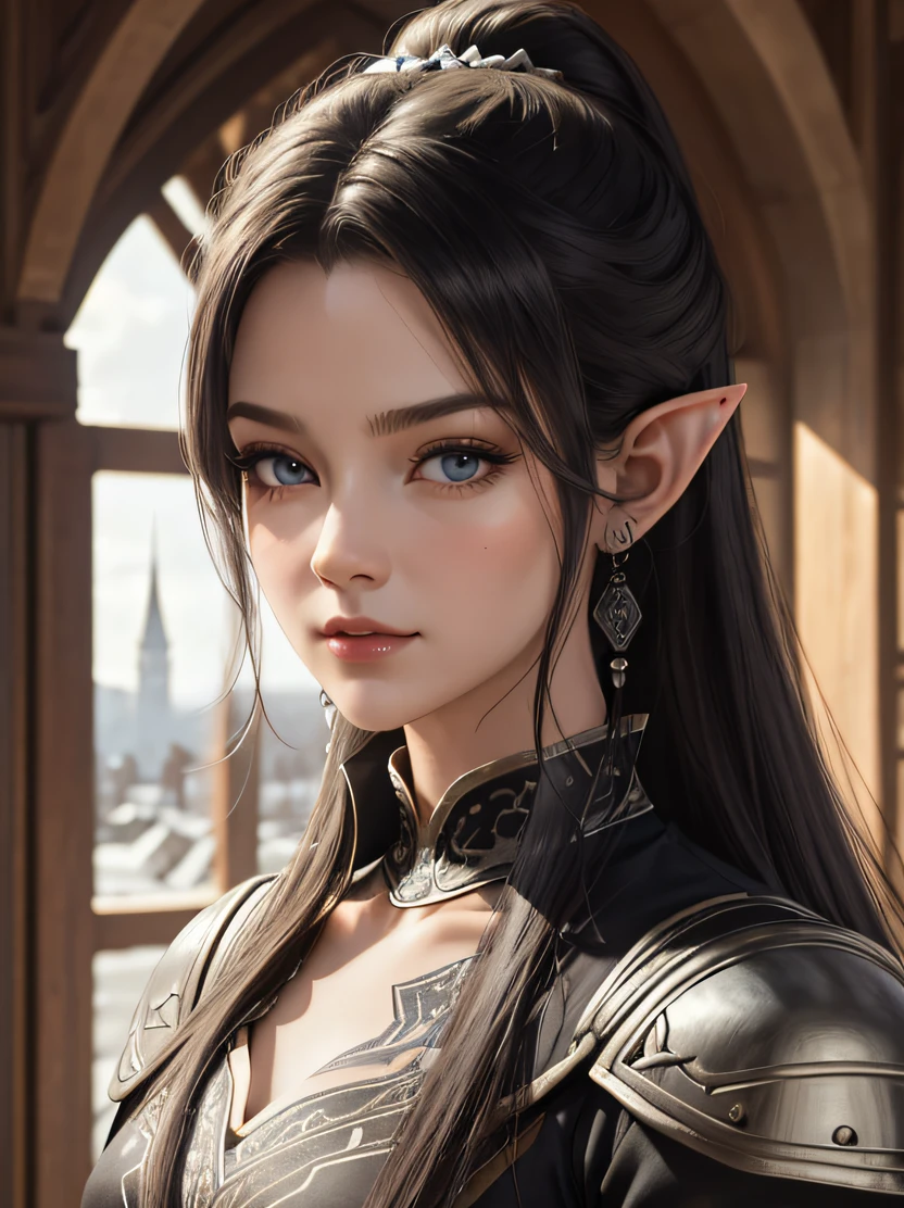 ((​masterpiece、top-quality、ultra-detailliert、hight resolution、foco nítido、Photorealsitic、lighting like a movie))、Beautiful 40 year old female elf upper body portrait、cowboy  shot、Focus from the chest up、Environments with complex details、Elegant person、elaborately patterned cloth cloak、Richly textured black leather armor and leggings、Delicately carved black plate armor、Bustling medieval cityscape and castle in the background、mystic atmosphere、Detailed background depiction、Deep sense of depth、tall、well-proportioned figure、A dark-haired、Hairstyle Ponytail、Seductive blue eyes、Sharp eyes、hyperdetailed face、Detailed ears、A detailed eye、Detailed hand depiction、Dynamic action、Look at viewers