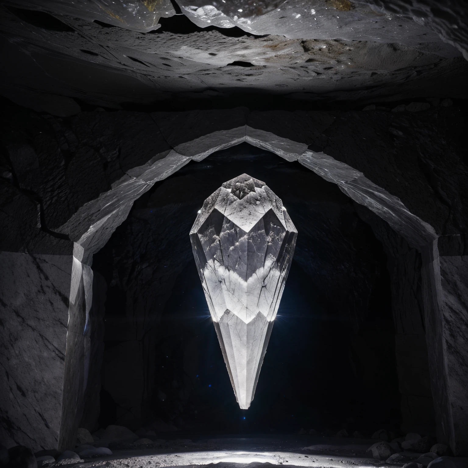 (There is a big dark cave) em (marble rock), in the middle of the cave (large crystal druse), (crystals glow from within) and slightly illuminate the walls around with their ghostly light, shadows on the walls create the effect of movement and volume, (very extremely beautiful), Photorealistic, hyper-detailing