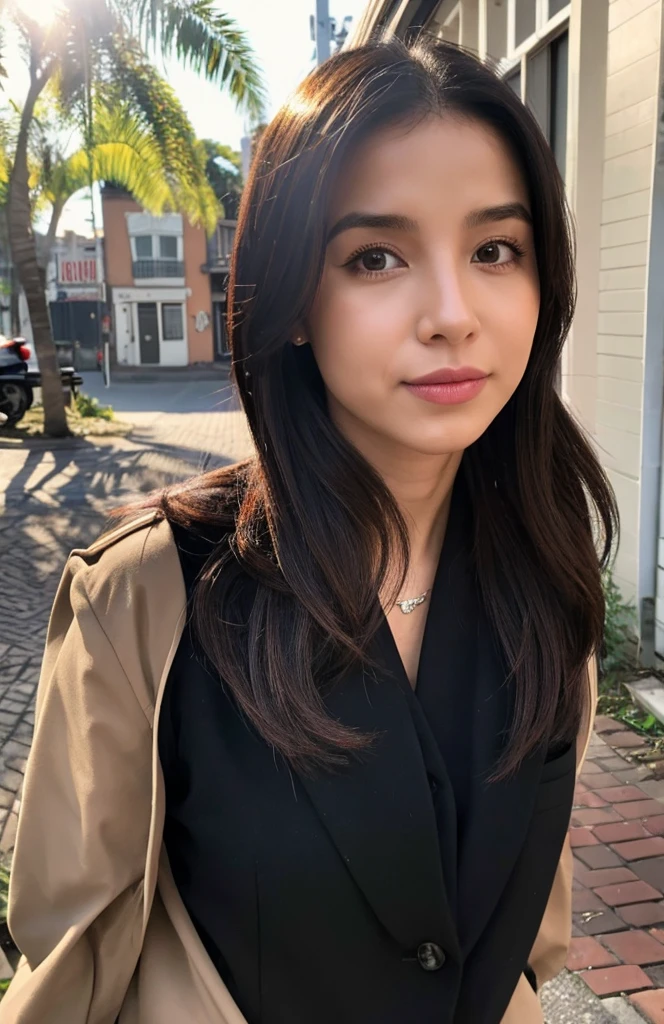 Pixar scene animation, A mulher, 30 anos, wearing casual pants, uma blusa de seda vermelha, e um blazer casual, em uma rua de uma pequena cidade, posar para uma fotografia, seu cabelo castanho liso, brilhando lindamente sob a luz do sol, o frescor da sua juventude representado em uma imagem perfeita, with perfect fine lines of body and facial features, Perfect realism with high definition and remarkable details,