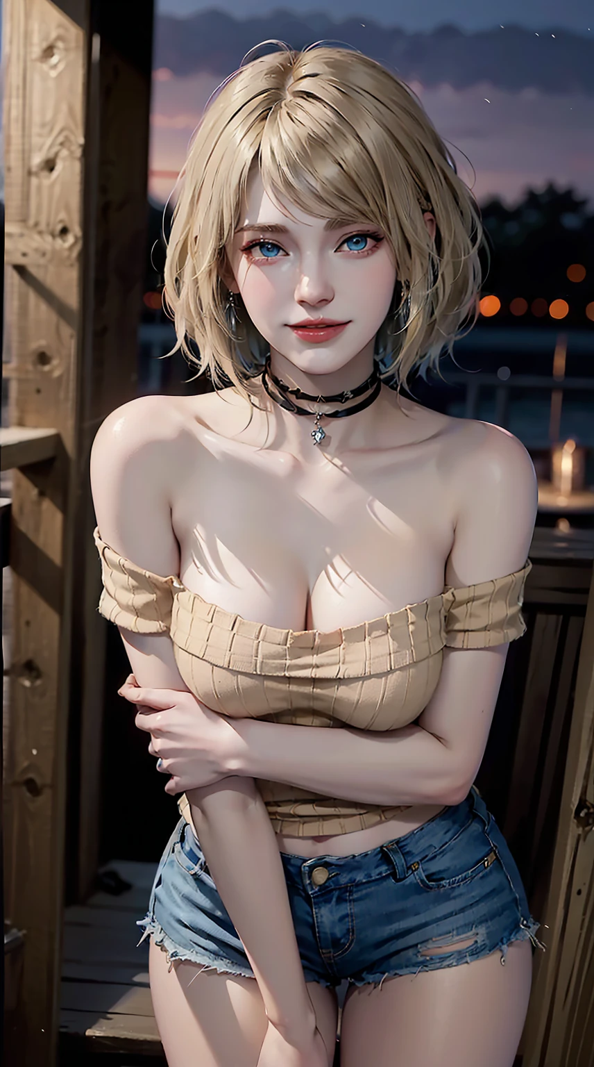 ((((masterpiece, best quality, high resolution)))), (1girl:1.5), ((short silky hair, blonde hair, blue eyes, earrings, choker)), (medium breasts:1.2), blush, (light smile, parted lips), glow, thighs, bare shoulders, collarbone, narrow waist, (slender body figure), cleavage, (beautiful detailed face, beautiful detailed eyes), ((off shoulder sweater, ripped jeans shorts)), (standing up), looking at viewer, nighttime, outdoor, winter