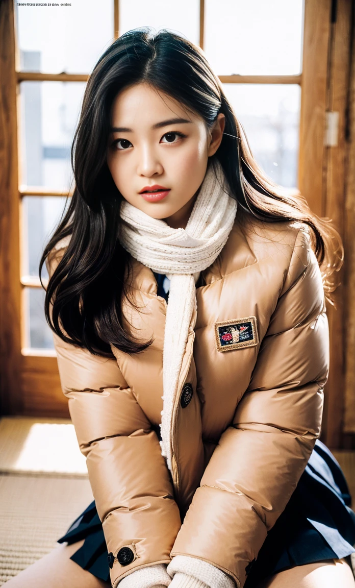 ulzzang -6500-v1.1, (Raw foto:1.2), (Photorealsitic:1.4), a beautiful detailed girl, extremely detailed eye and face, beatiful detailed eyes, Ridiculous, unbelievable Ridiculous, huge filesize, ultra-detailliert, hight resolution, ighly detailed, top-quality, masterpiece, Kemomimi, ((wearing a white scarf around his neck)), ((black puffy down jacket)), (((Japan schoolgirl uniform))), illustratio, ighly detailed, nffsw, unification, 8k wallpaper, astonishing, finely detail, masterpiece, top-quality, Highly detailed ticker uniform 8K wallpaper, face lights、Cinematographic lighting、((4-girls))、sixteen years old、(witheout panties)、((dynamicposes)))、(camel's toe)、(half)、(Crooked knees and legs sitting)),