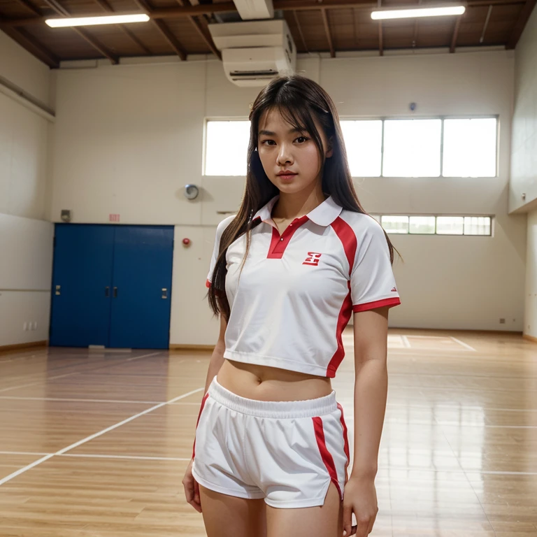 photography of a 20yo Asian woman, perfect face, in sports hall, badminton uniform, big chest